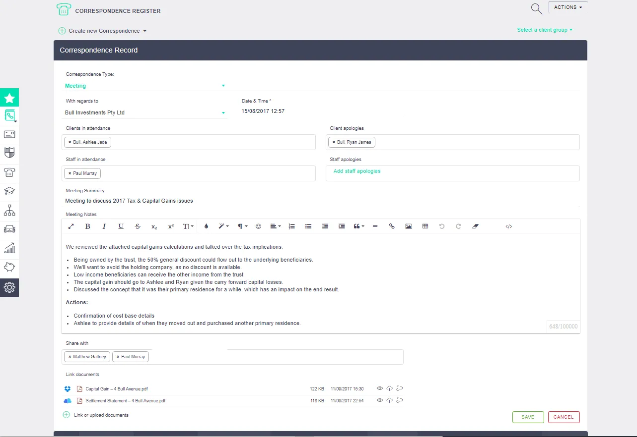 An AccountKit correspondence record for a client meeting, with attendees, meeting notes and linked Dropbox and SuiteFiles documents