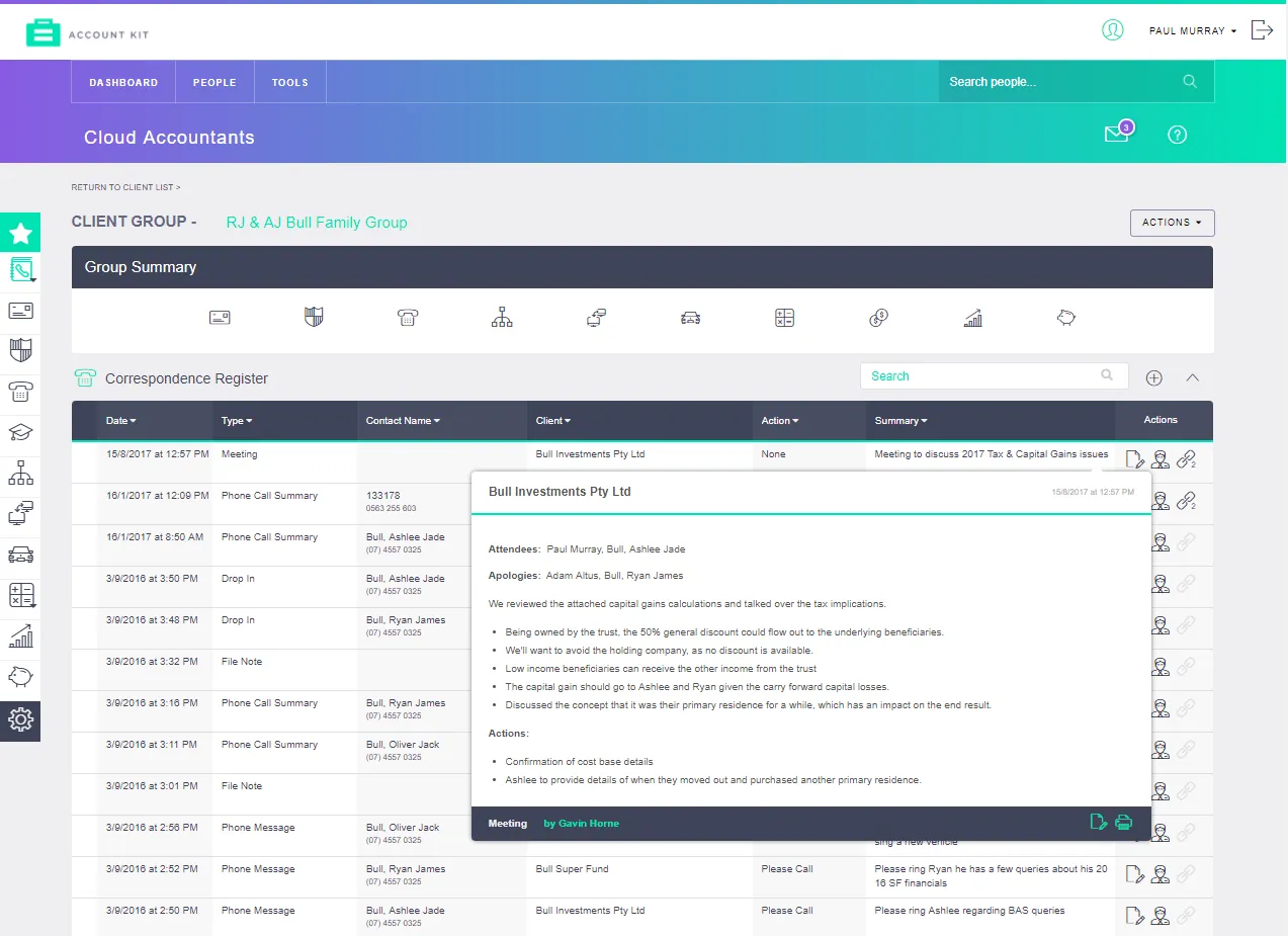 A client group summary in AccountKit listing every correspondence item for the group, with one meeting record open